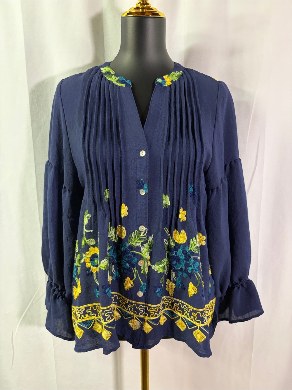 Hope Springs Navy Blue Multicolor Embroidered Floral Print Button Front Blouse